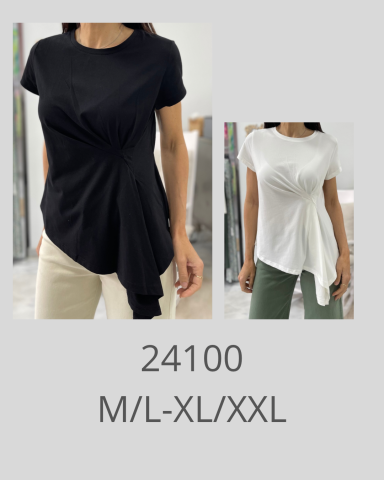 Blusa de mujer con drapeado en negro y blanco, disponible en tallas M/L-XL/XXL.