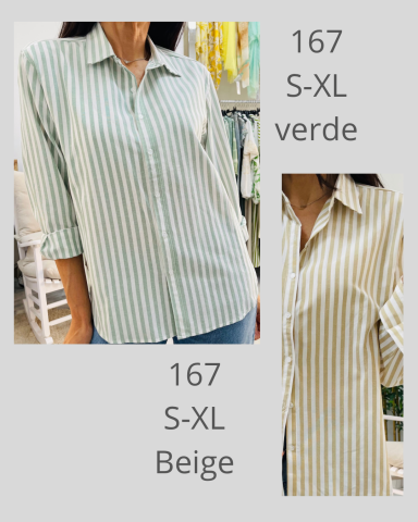 Camisa de rayas en verde y beige, disponible en tallas S-XL.