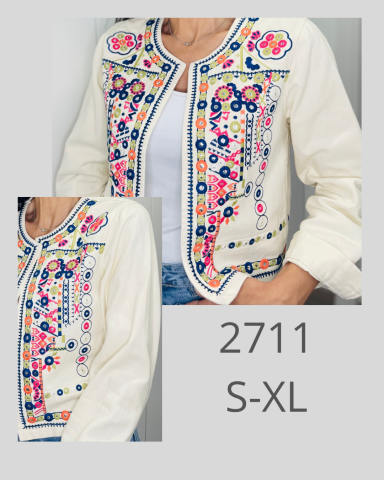 Chaqueta blanca con bordado colorido de flores, disponible en tallas S-XL.