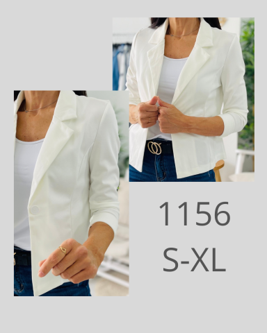 Chaqueta blanca de mujer, talla S-XL, con detalles en las mangas y un cinturón.