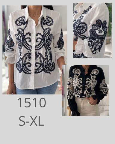 Camisa blanca y negra con bordado en forma de espiral, disponible en tallas S-XL.