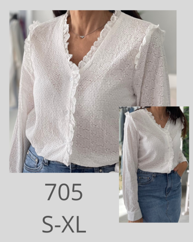 Blusa blanca con volante, manga larga y cuello en V, disponible en tallas S-XL.