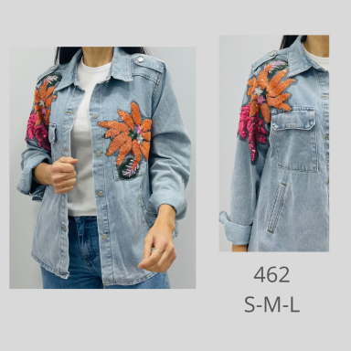 Chaqueta de denim con bordados de flores coloridas, disponible en S-M-L.