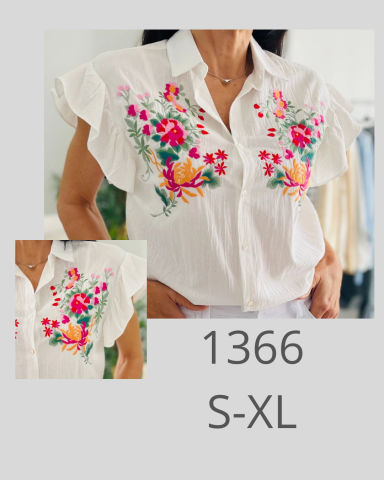 Camisa blanca con bordado floral en la parte delantera, tallas S-XL.